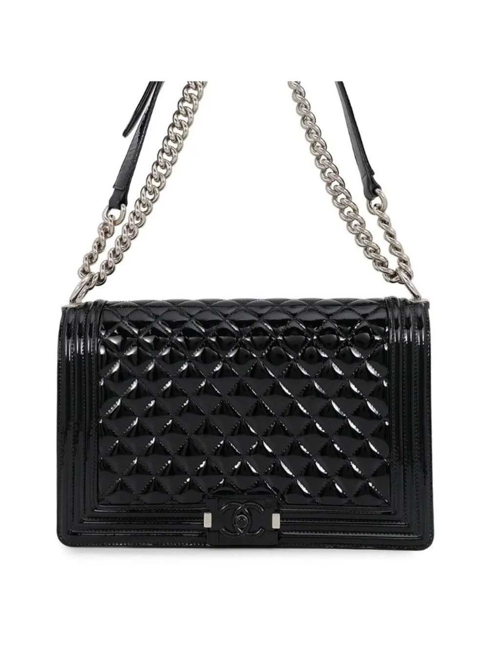 Chanel Chain Shoulder Bag Boy Large Quilted CC Logo Patent Black